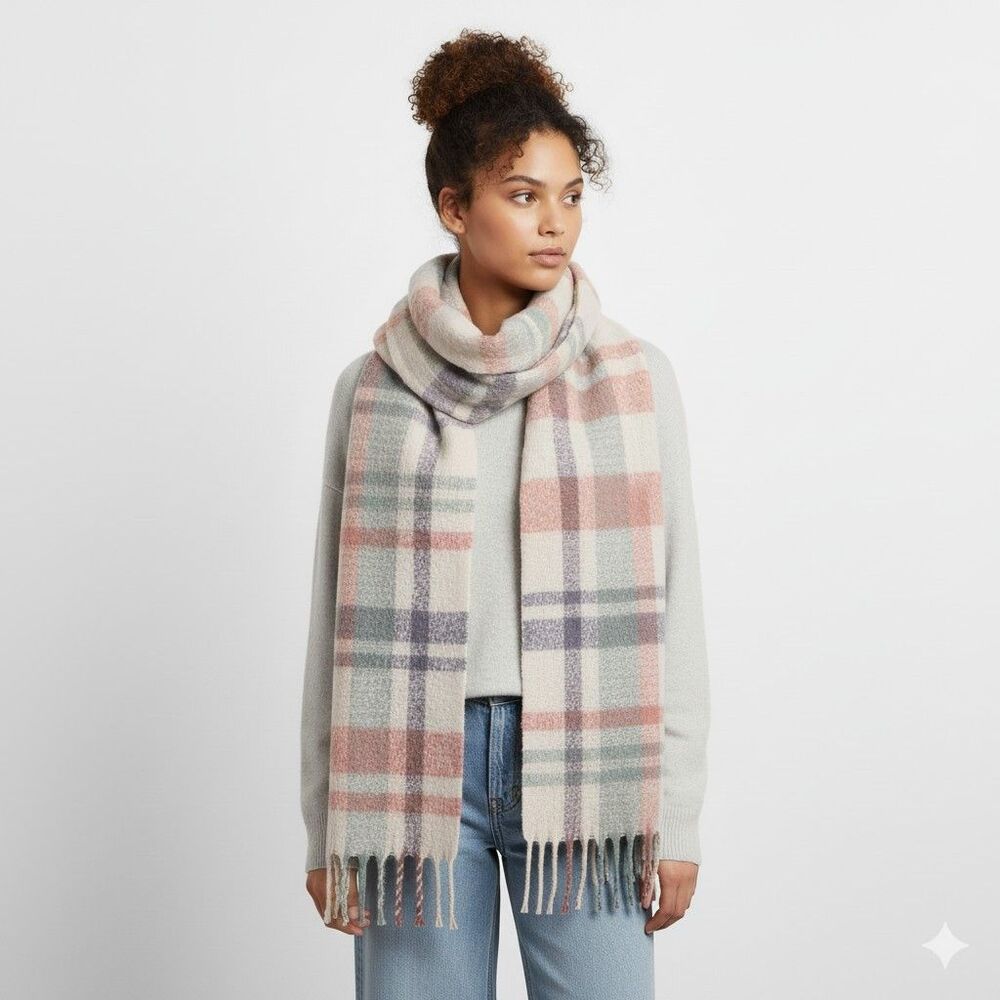 Anthropologie Scarf Wrap Fringe Plaid Pastel Pink Teal Cream Soft Warm 92"x22"